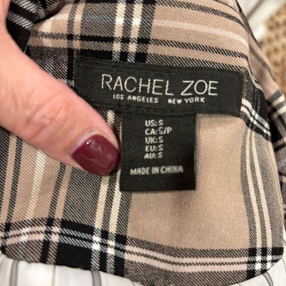 Rachel Zoe Plaid Blazer Boho Preppy Boxy Tan Black Cropped 1 Button Lined Small - Picture 3 of 9